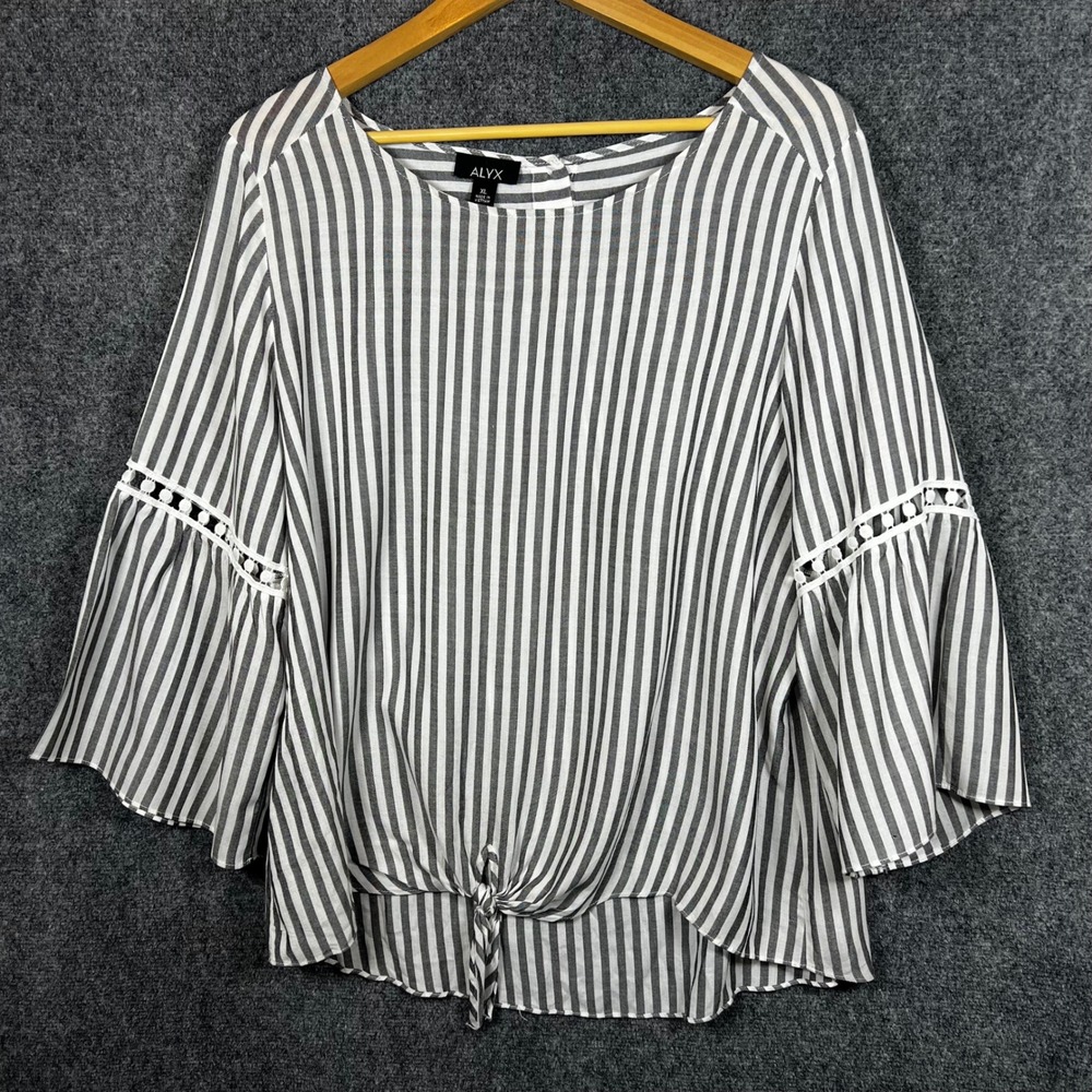 ALYX Womens XL Grey White Striped Tie Front Bell Sleeve Crochet Lace Blouse